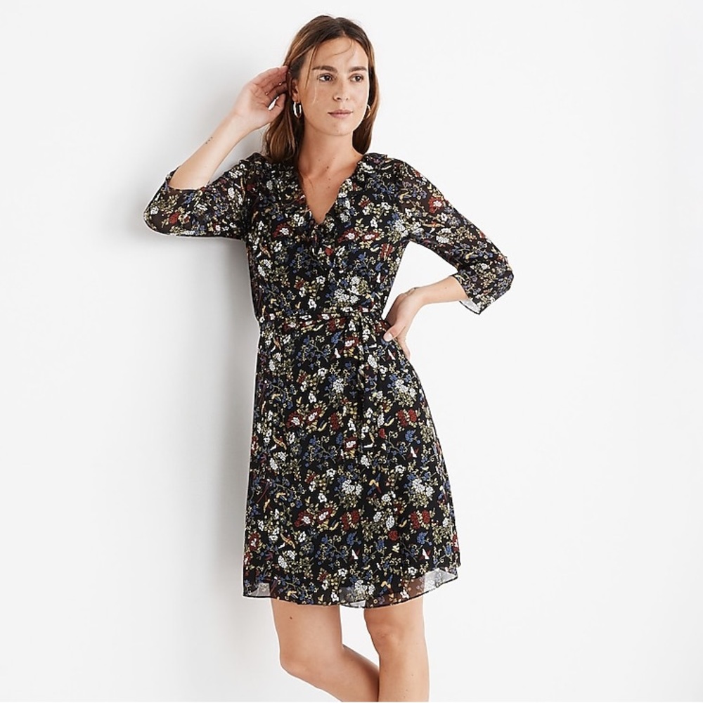 Madewell Sheer-Sleeve Ruffled Wrap Dress in Finch Floral